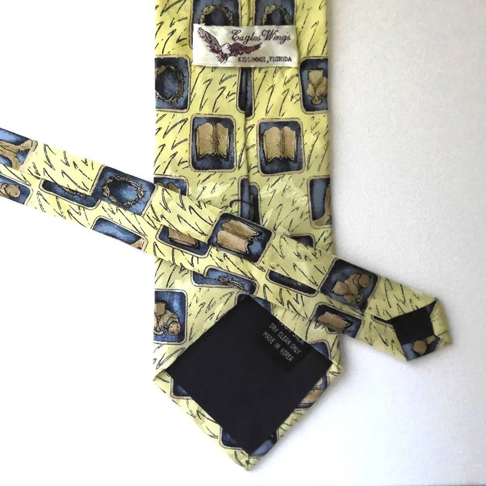 Eagles Wings 100% Silk Tie Praying Hands Open Bible Crown of Thorns Chalise EUC